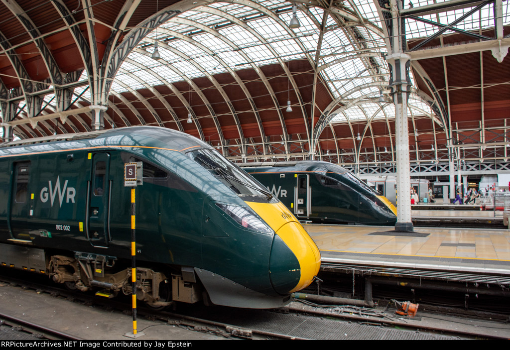 Two Class 800 Intercity Express Trains wait for their next runs at Paddington